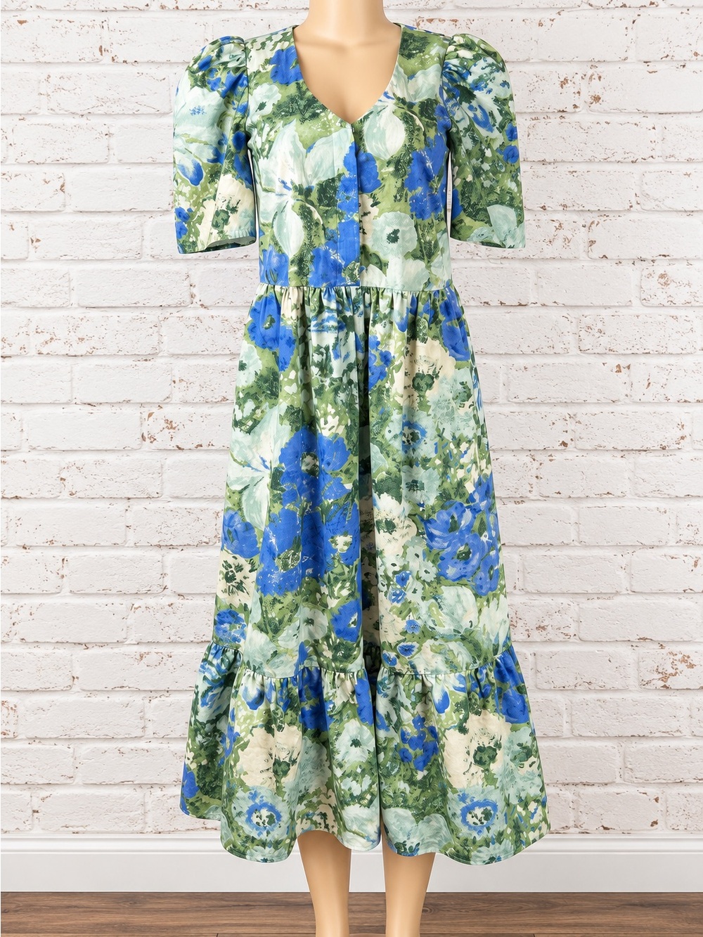 Tuckernuck Blue Green Floral Cotton Puff Sleeve Midi Dress XS
